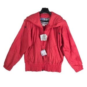 Vtg 80s NILS Jacket Hooded Bomber Windbreaker Womens 10 Rose Red Stars Print